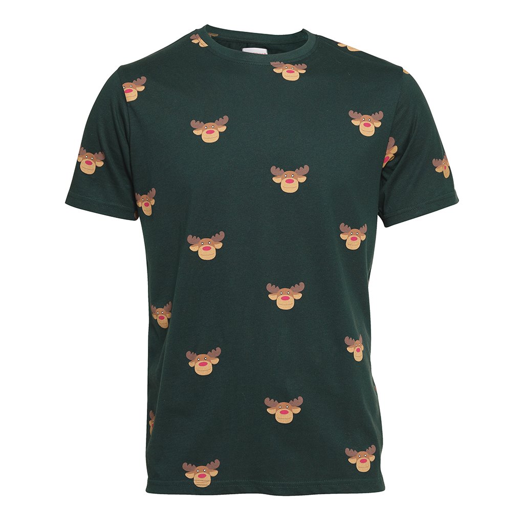 Un uomo che indossa una maglietta nera con una renna.